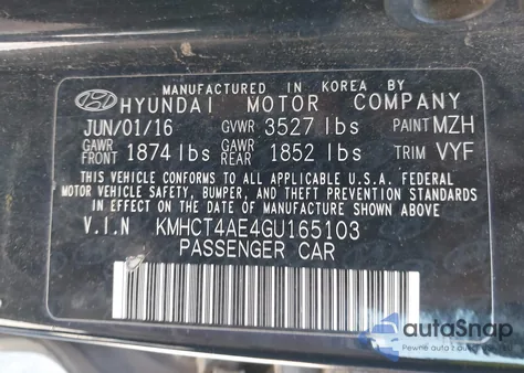 2016 Hyundai Accent Se из США, поврежденный, VIN KMHCT4AE4GU165103